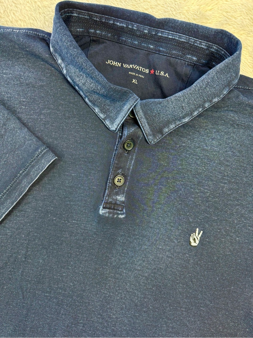 John Varvatos USA XL Navy Acid Wash Cotton Polo Peace Hand Logo